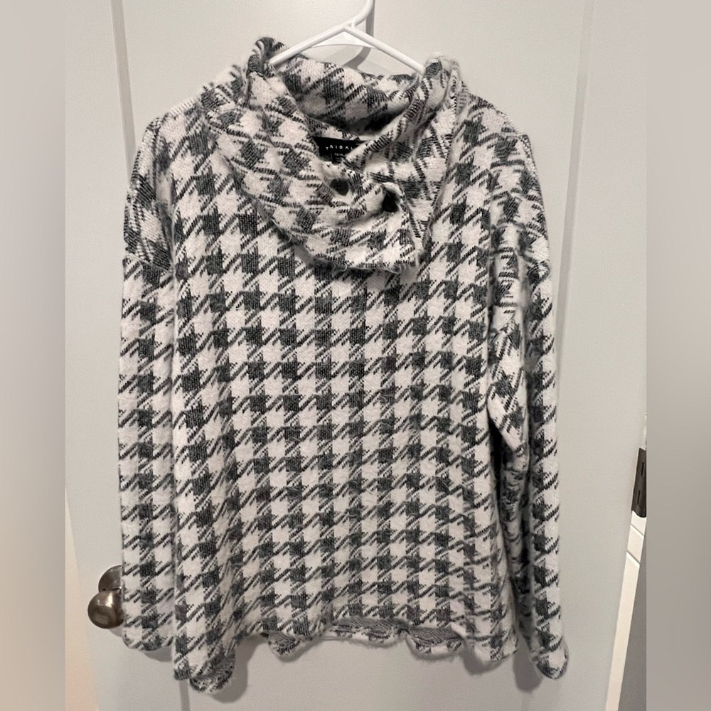 Tribal Monochrome Houndstooth Cowl Neck Sweater